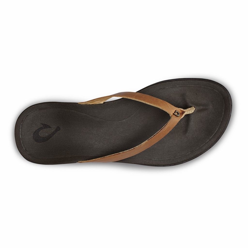 Olukai Women's Hoopio Leather Flip Flop - Sahara / Dark Java US742-831